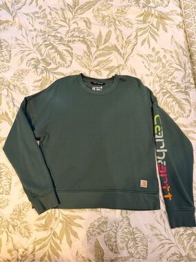 Carhartt Women’s Green Crewneck Sweatshirt with Multicolor Sleeve Script